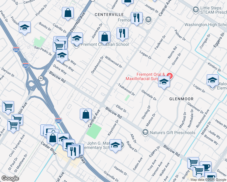 map of restaurants, bars, coffee shops, grocery stores, and more near 4808 Central Avenue in Fremont