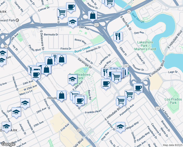 map of restaurants, bars, coffee shops, grocery stores, and more near 496 East 28th Avenue in San Mateo