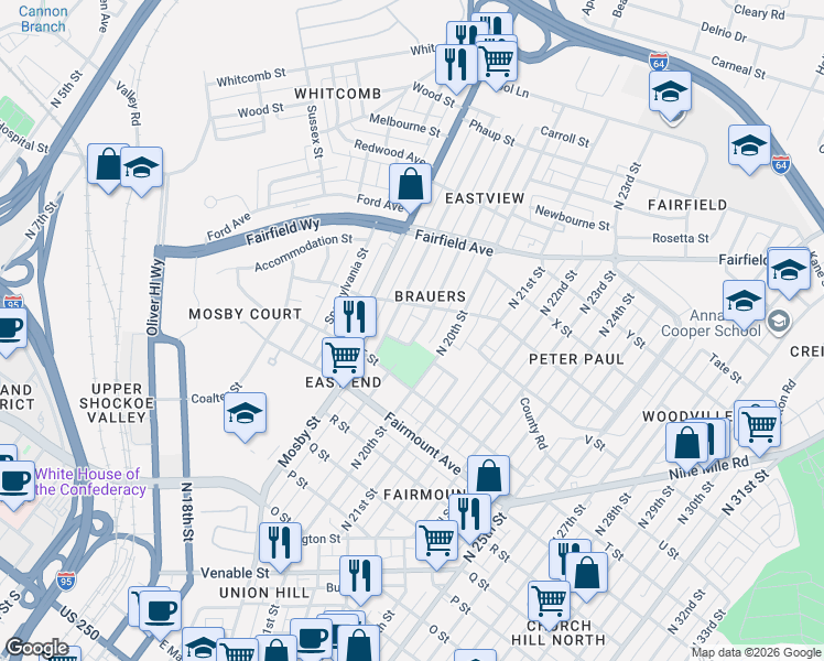 map of restaurants, bars, coffee shops, grocery stores, and more near 1500 North 19th Street in Richmond