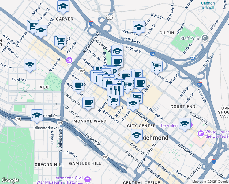 map of restaurants, bars, coffee shops, grocery stores, and more near 11 West Marshall Street in Richmond