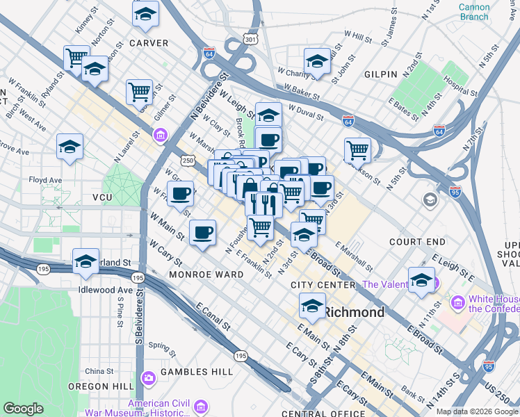 map of restaurants, bars, coffee shops, grocery stores, and more near 11 West Marshall Street in Richmond