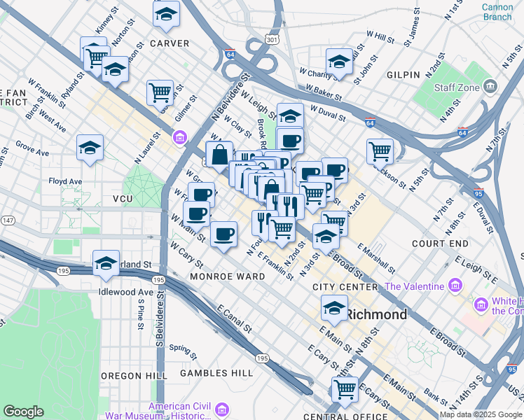 map of restaurants, bars, coffee shops, grocery stores, and more near 308 North Adams Street in Richmond