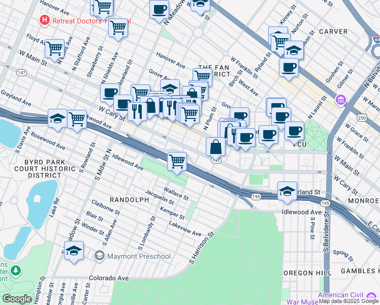 map of restaurants, bars, coffee shops, grocery stores, and more near 1528 West Cary Street in Richmond