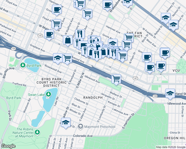 map of restaurants, bars, coffee shops, grocery stores, and more near 1901 Grayland Avenue in Richmond