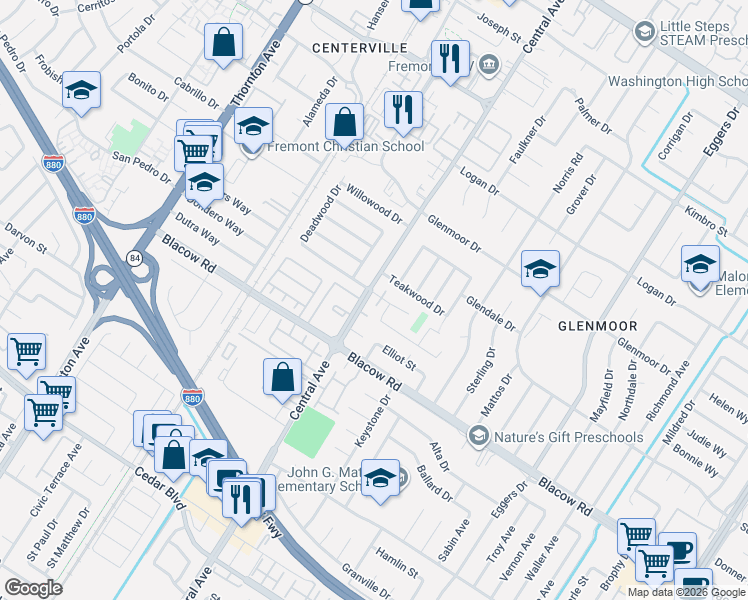 map of restaurants, bars, coffee shops, grocery stores, and more near 4808 Central Avenue in Fremont