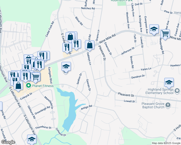 map of restaurants, bars, coffee shops, grocery stores, and more near 3956 Oakleys Lane in Richmond