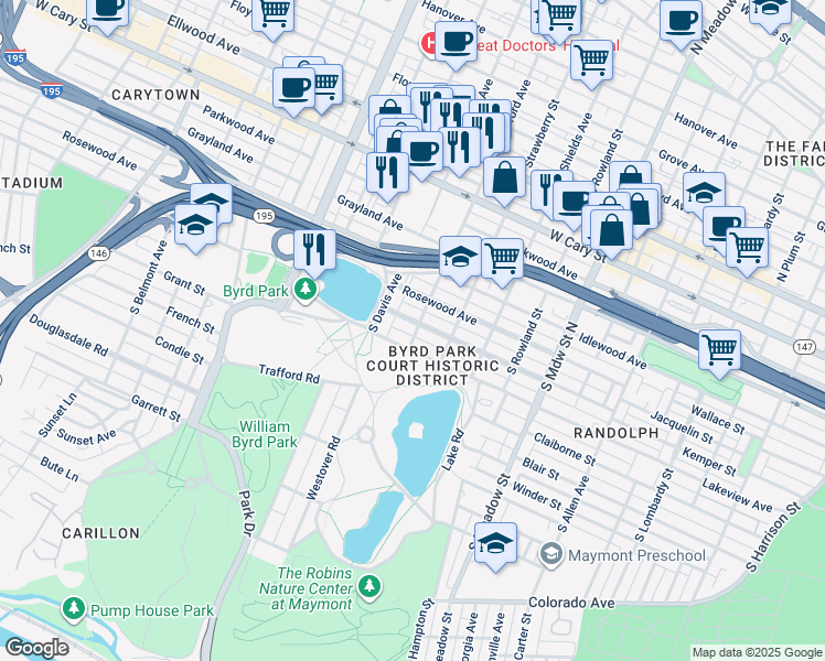 map of restaurants, bars, coffee shops, grocery stores, and more near 2401 Maplewood Avenue in Richmond