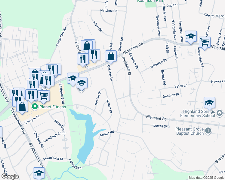 map of restaurants, bars, coffee shops, grocery stores, and more near 3956 Oakleys Lane in Richmond