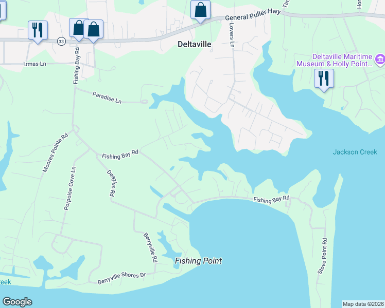 map of restaurants, bars, coffee shops, grocery stores, and more near 40-170 Summerlynn Road in Deltaville