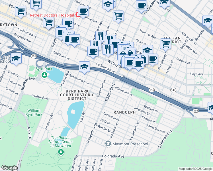 map of restaurants, bars, coffee shops, grocery stores, and more near 2019 Idlewood Avenue in Richmond