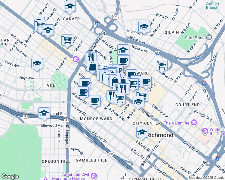 map of restaurants, bars, coffee shops, grocery stores, and more near None in Richmond