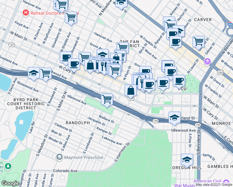 map of restaurants, bars, coffee shops, grocery stores, and more near 1517 West Cary Street in Richmond