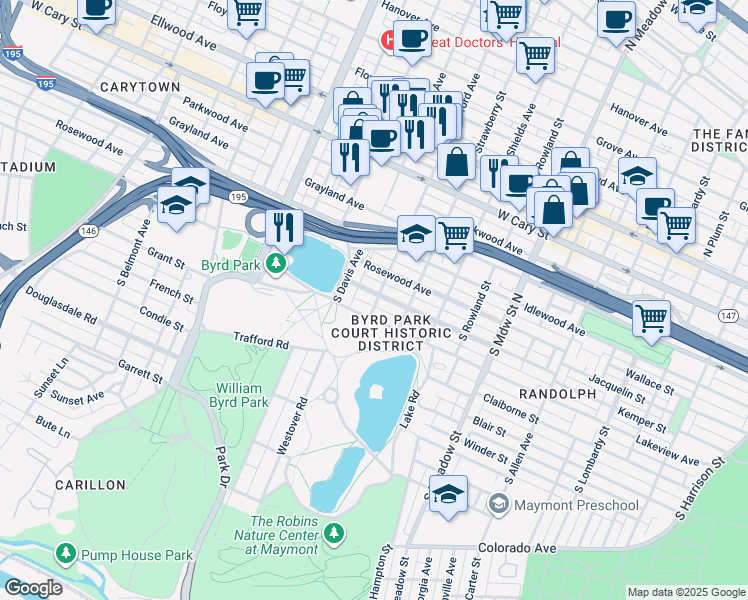 map of restaurants, bars, coffee shops, grocery stores, and more near 2401 Maplewood Avenue in Richmond
