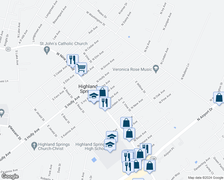map of restaurants, bars, coffee shops, grocery stores, and more near 25 North Juniper Avenue in Highland Springs