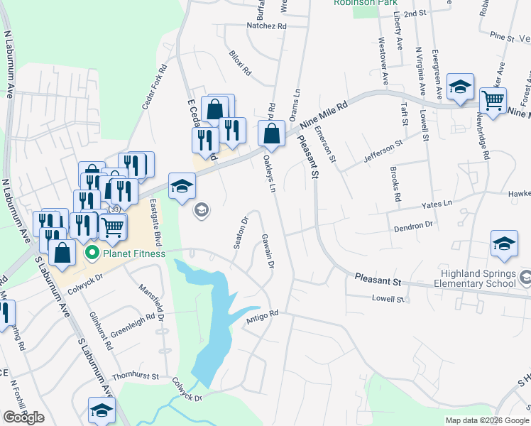 map of restaurants, bars, coffee shops, grocery stores, and more near 103 Seaton Drive in Richmond