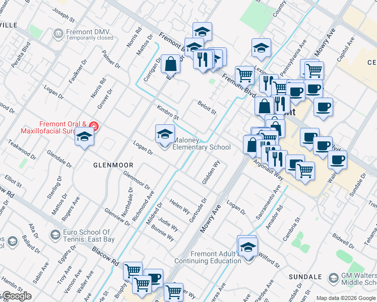 map of restaurants, bars, coffee shops, grocery stores, and more near 4425 Richmond Avenue in Fremont