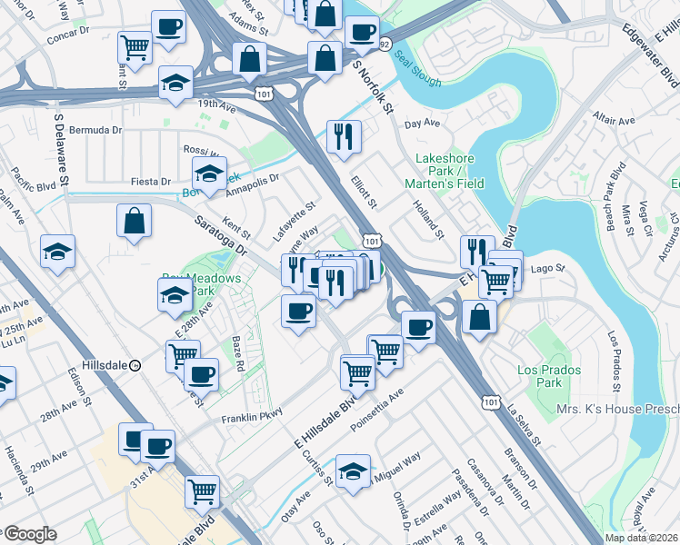 map of restaurants, bars, coffee shops, grocery stores, and more near 1101 Park Place in San Mateo