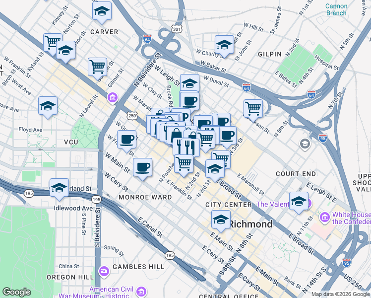 map of restaurants, bars, coffee shops, grocery stores, and more near 0 East Broad Street in Richmond