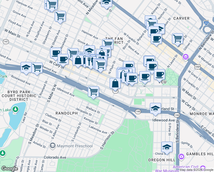 map of restaurants, bars, coffee shops, grocery stores, and more near 20 South Plum Street in Richmond
