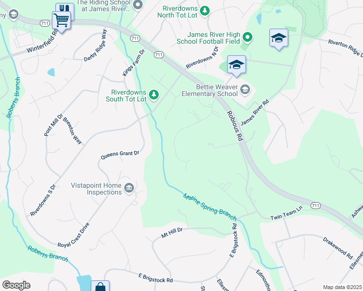 map of restaurants, bars, coffee shops, grocery stores, and more near 3407 Robious Forest Way in Midlothian