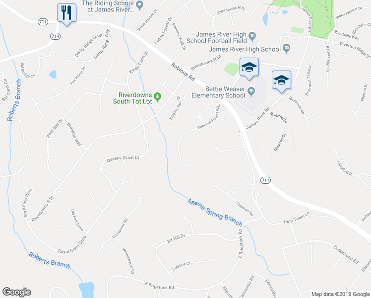 map of restaurants, bars, coffee shops, grocery stores, and more near 3407 Robious Forest Way in Midlothian
