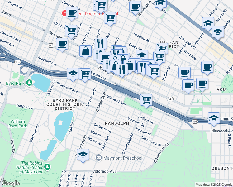 map of restaurants, bars, coffee shops, grocery stores, and more near 1901 Grayland Avenue in Richmond