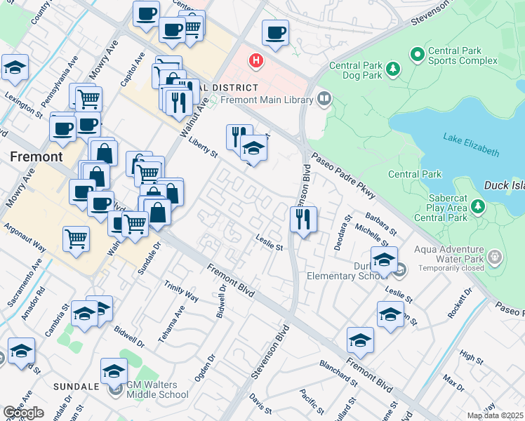 map of restaurants, bars, coffee shops, grocery stores, and more near 3585 Dayton Common in Fremont