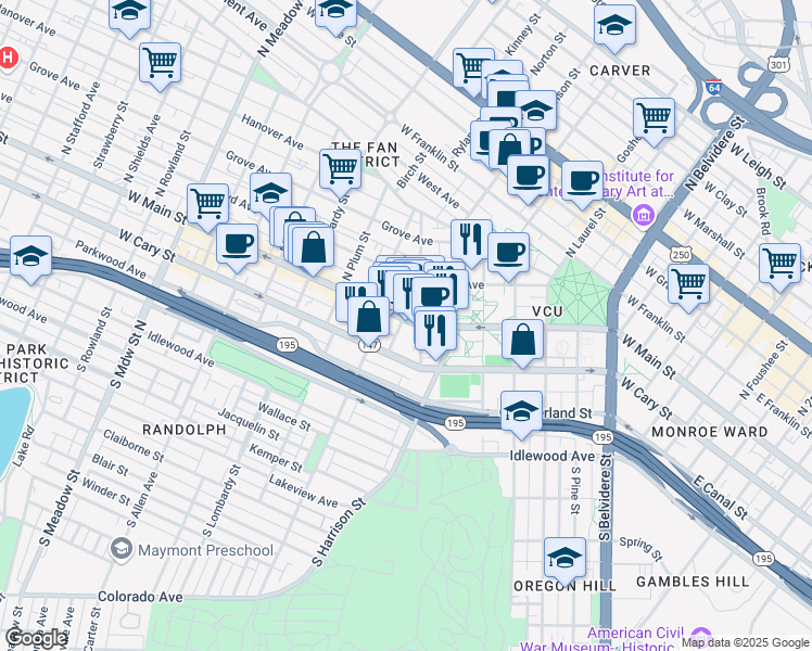 map of restaurants, bars, coffee shops, grocery stores, and more near in Richmond