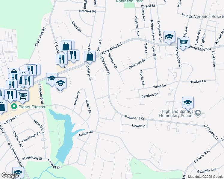 map of restaurants, bars, coffee shops, grocery stores, and more near 1017 Yates Terrace in Richmond