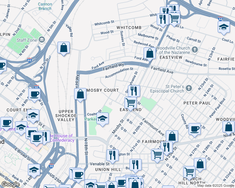 map of restaurants, bars, coffee shops, grocery stores, and more near 2110 Redd Street in Richmond