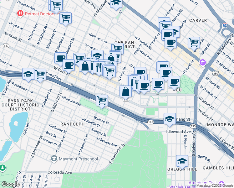 map of restaurants, bars, coffee shops, grocery stores, and more near 20 South Plum Street in Richmond