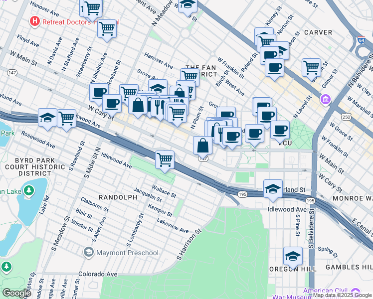 map of restaurants, bars, coffee shops, grocery stores, and more near 20 South Plum Street in Richmond