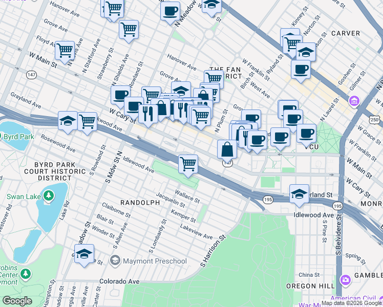 map of restaurants, bars, coffee shops, grocery stores, and more near 1528 West Cary Street in Richmond