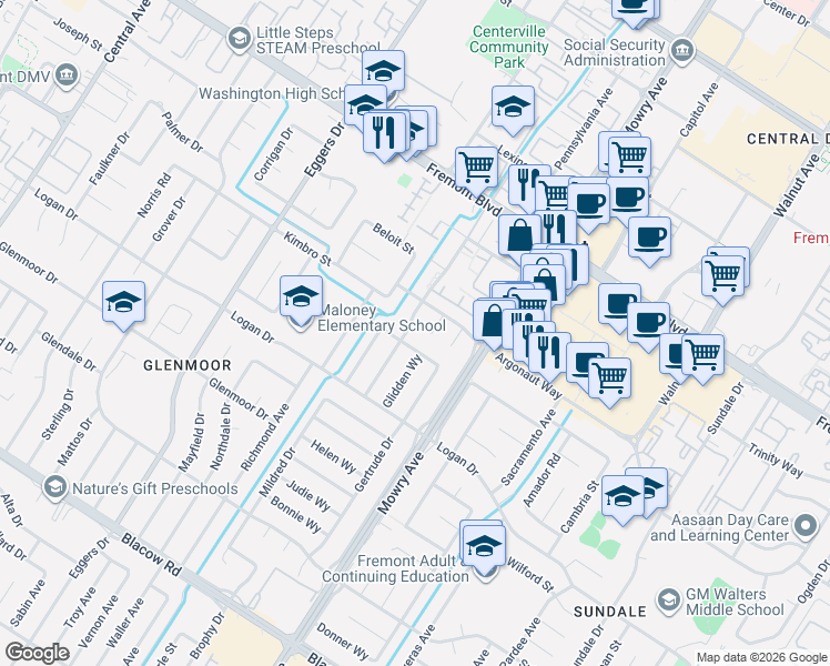 map of restaurants, bars, coffee shops, grocery stores, and more near 4254 Lorren Drive in Fremont