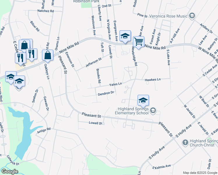 map of restaurants, bars, coffee shops, grocery stores, and more near 5707 Yates Lane in Richmond
