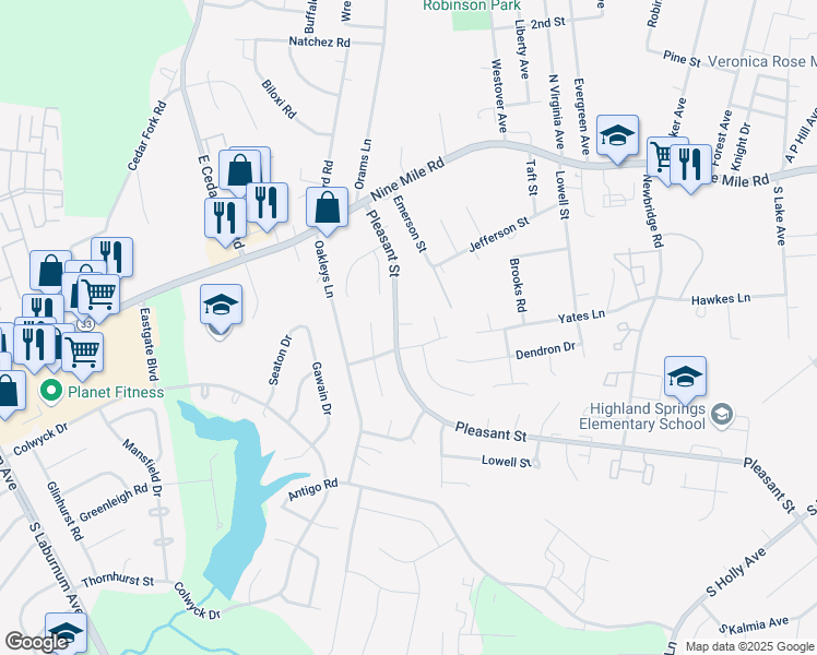 map of restaurants, bars, coffee shops, grocery stores, and more near 1017 Yates Terrace in Richmond