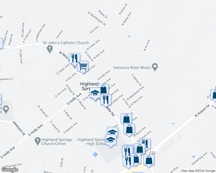 map of restaurants, bars, coffee shops, grocery stores, and more near 18 North Juniper Avenue in Henrico