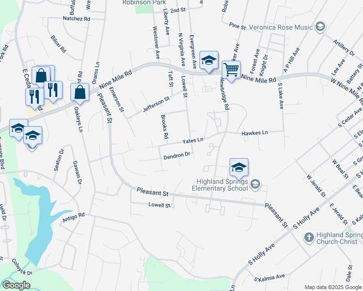map of restaurants, bars, coffee shops, grocery stores, and more near 5707 Yates Lane in Richmond