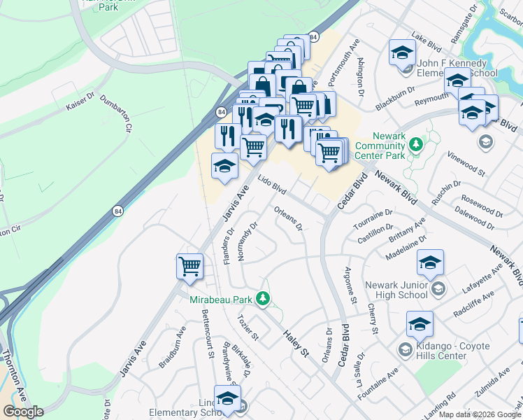 map of restaurants, bars, coffee shops, grocery stores, and more near 6435 Normandy Drive in Newark