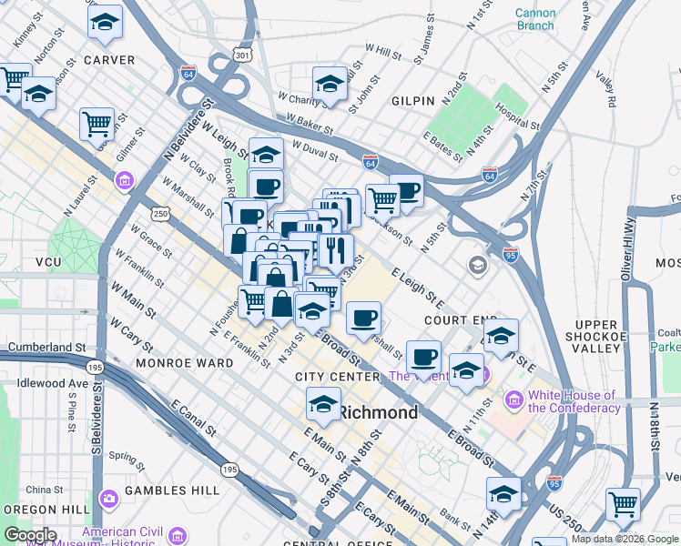 map of restaurants, bars, coffee shops, grocery stores, and more near 212 East Clay Street in Richmond