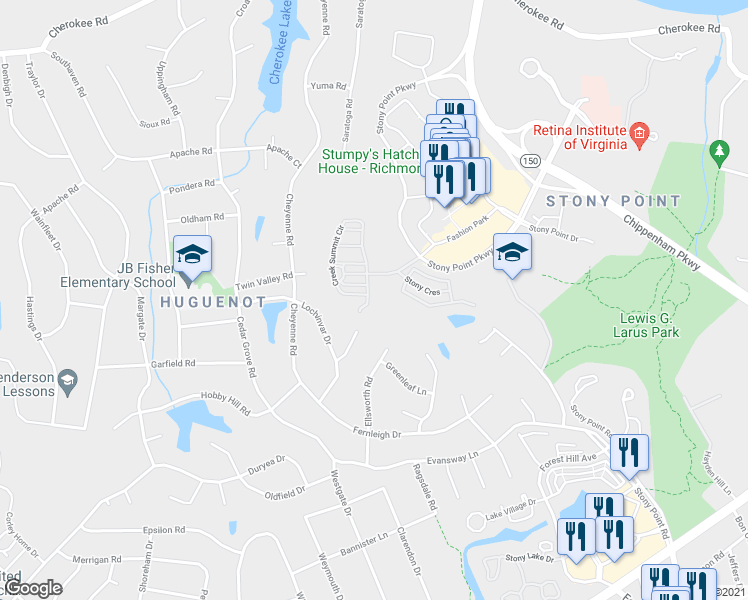 map of restaurants, bars, coffee shops, grocery stores, and more near 9519 Creek Summit Circle in Richmond