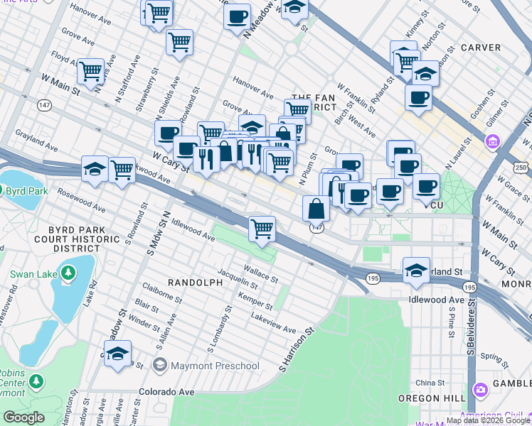 map of restaurants, bars, coffee shops, grocery stores, and more near 1528 West Cary Street in Richmond