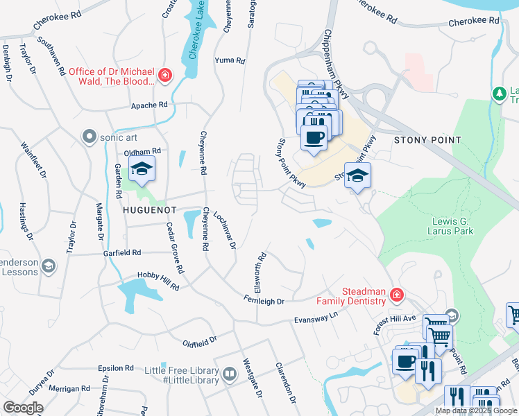 map of restaurants, bars, coffee shops, grocery stores, and more near 9519 Creek Summit Circle in Richmond