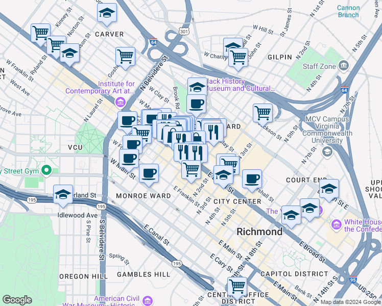 map of restaurants, bars, coffee shops, grocery stores, and more near 2 East Broad Street in Richmond