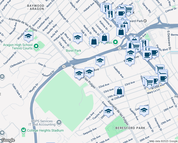 map of restaurants, bars, coffee shops, grocery stores, and more near West 20th Avenue & La Salle Drive in San Mateo