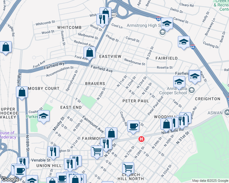 map of restaurants, bars, coffee shops, grocery stores, and more near 1129 W Street in Richmond