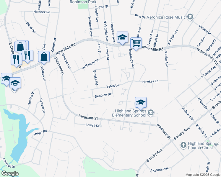 map of restaurants, bars, coffee shops, grocery stores, and more near 5713 Yates Lane in Richmond