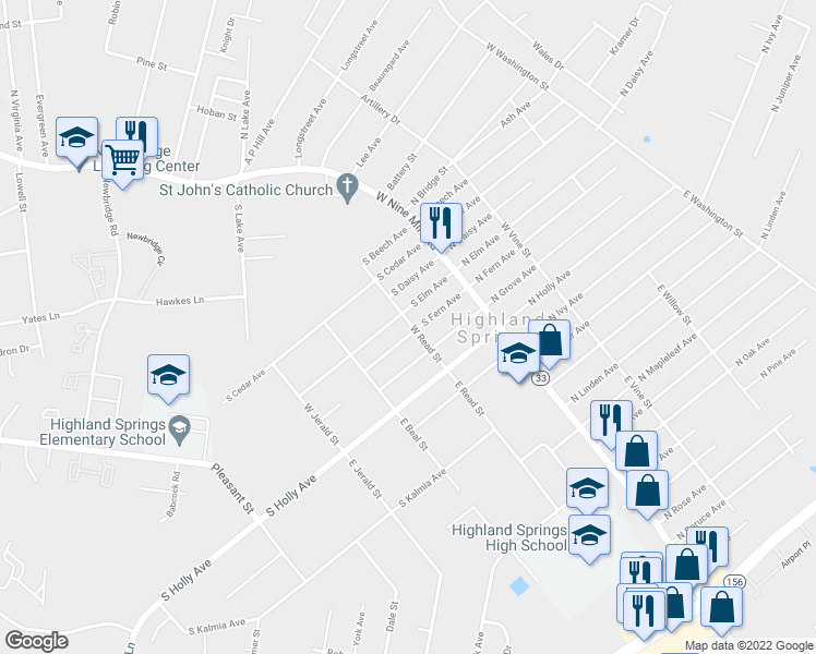 map of restaurants, bars, coffee shops, grocery stores, and more near 100 South Fern Avenue in Highland Springs