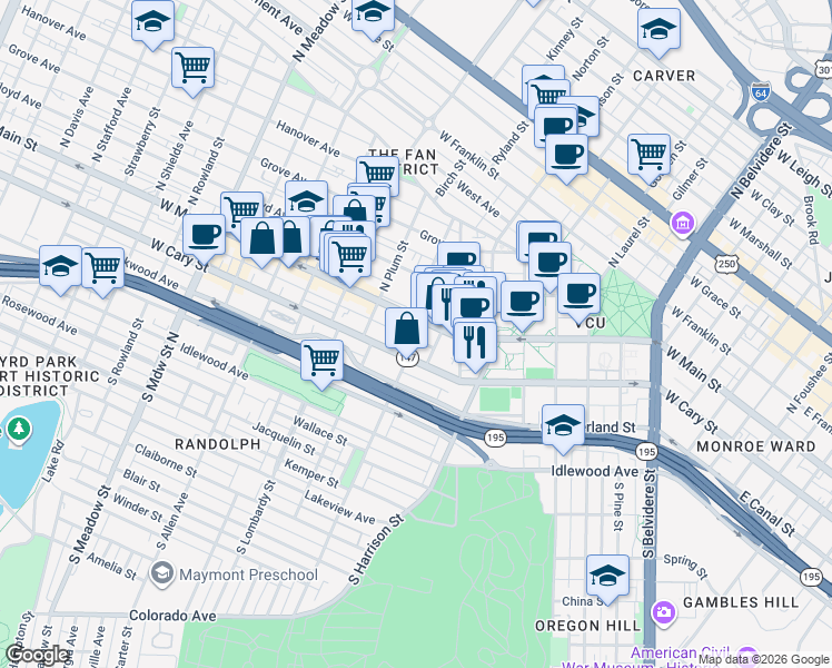 map of restaurants, bars, coffee shops, grocery stores, and more near 1401 Virginia 147 in Richmond