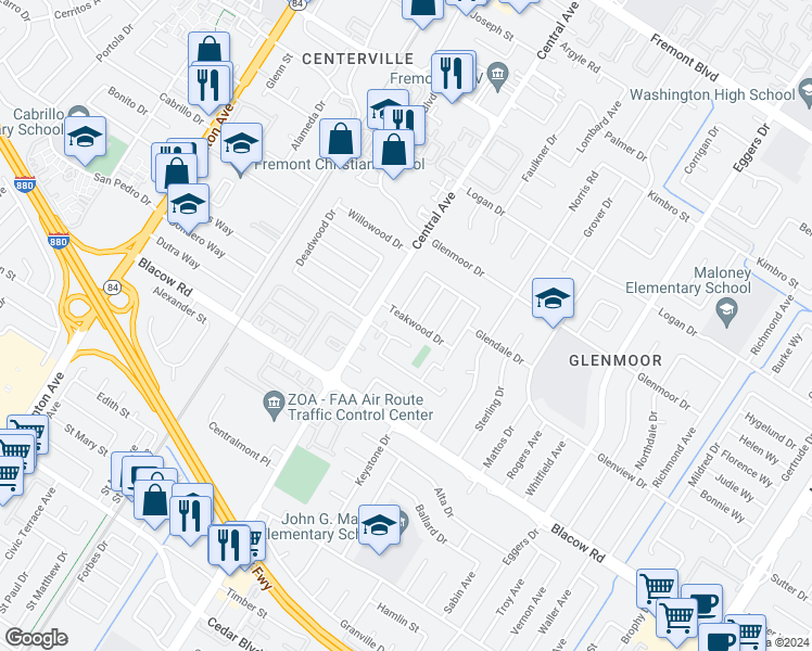 map of restaurants, bars, coffee shops, grocery stores, and more near 37679 Teakwood Drive in Fremont